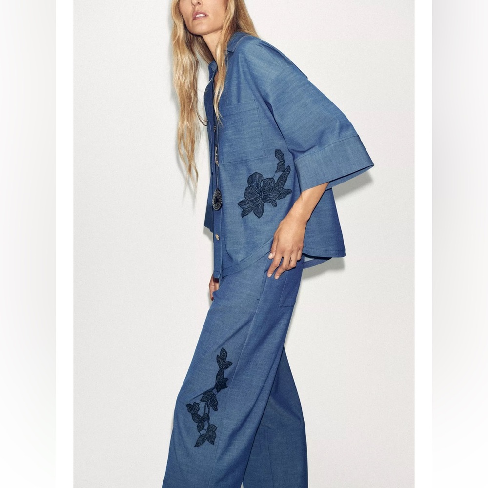 Zara 2 Piece Matching Set Floral Kimono Shirt & Wide Leg Pants Denim Blue NWT - Picture 2 of 13